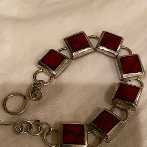 Mexican Sterling Silver  Red Coral Stone Bracelet